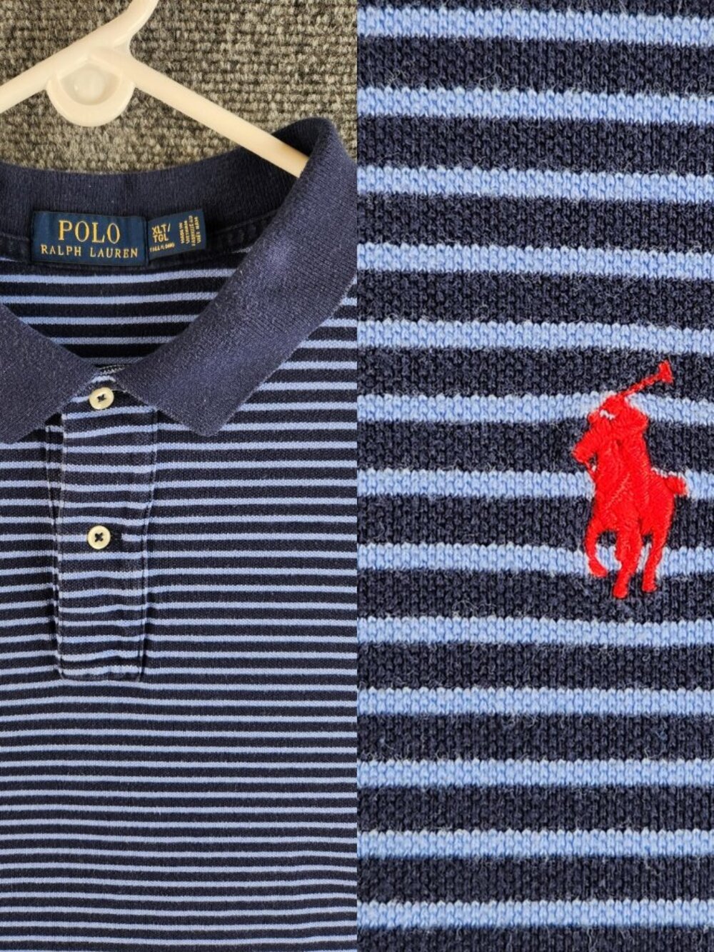 Polo Ralph Lauren Blue Striped Cotton Mesh Knit Polo Shirt XLT Tall Red Pony
